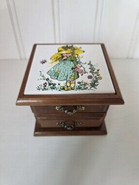 Vintage Holly Hobbie Tile Top Wood Jewelry Trinket Box